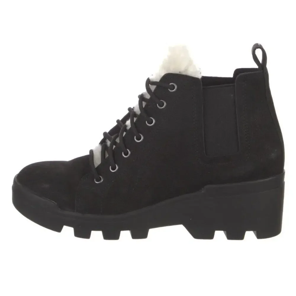 Eileen Fisher Womens Calm Black Suede Fur Trim Lace Up Ankle Booties 7.5
